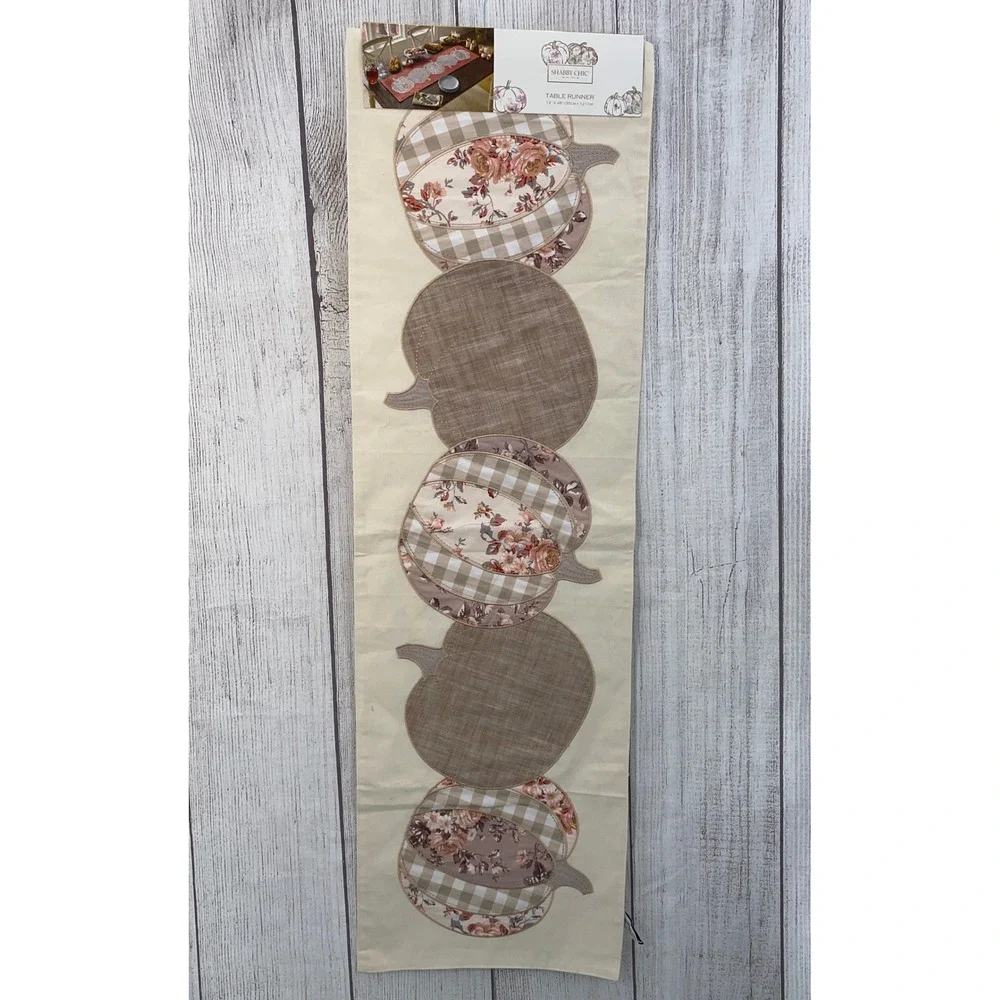 Shabby Chic Table Runner 14x48 Cream Tan Pumpkin Floral Gingham Applique Autumn